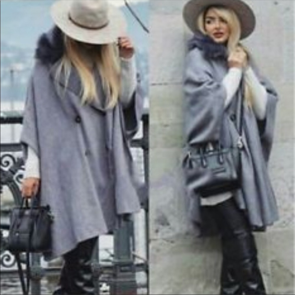 NWOT Zara Cape Poncho Gray Faux Fur Collar Size M
